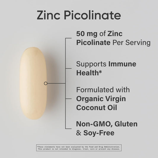 Sports Research® Zinc Picolinate 50mg w/Organic Coconut Oil, 60 Softgels | High Potency Zinc Supplement for Healthy Immune & Enzyme Function - Non-GMO Tested & Gluten-Free, 60 Servings