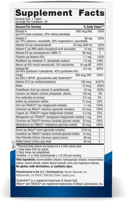 Nordic Naturals Men’s Multivitamin One Daily - Bone, Energy, & Blood-Vessel Support - Immunity Supplement - 20 Essential Nutrients - 30 Tablets - 30 Servings