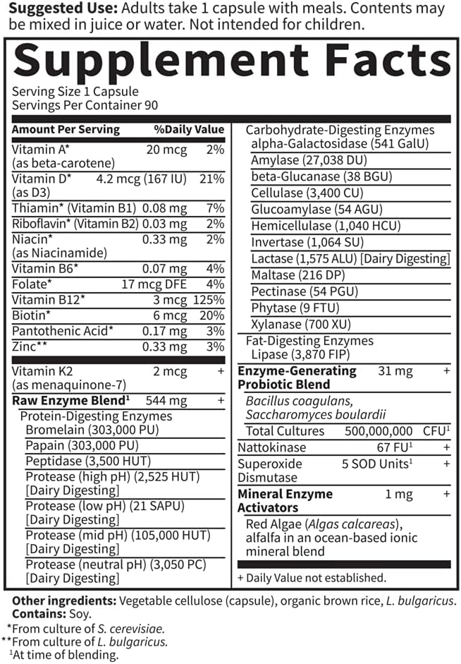 Garden of Life 22 Powerful Raw Enzymes for Women with Papain, Bromelain, Lactase plus Probiotics and Vitamins B12, Biotin and Zinc, Dietary Supplement with Digestive Enzymes, Vegetarian, 90 Capsules