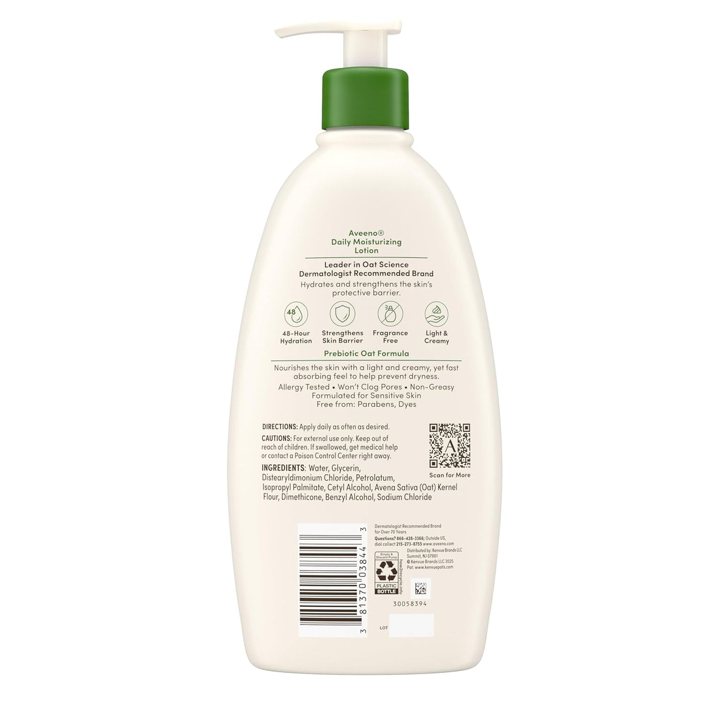 Aveeno Daily Moisturizing Body Lotion, Body Lotion for Dry Skin with Prebiotic Oat, Paraben Free, Fragrance Free, Non-Greasy, Non-Comedogenic Moisturizer, 18/30 FL OZ