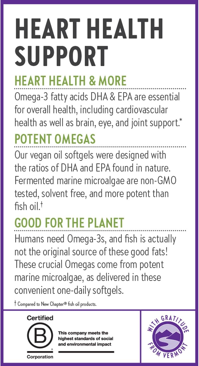 New Chapter Vegan DHA, EPA, and DPA Supplement- Vegan Omega-3 Complex for Heart, Brain, Eye & Joint Support - 30 Softgels