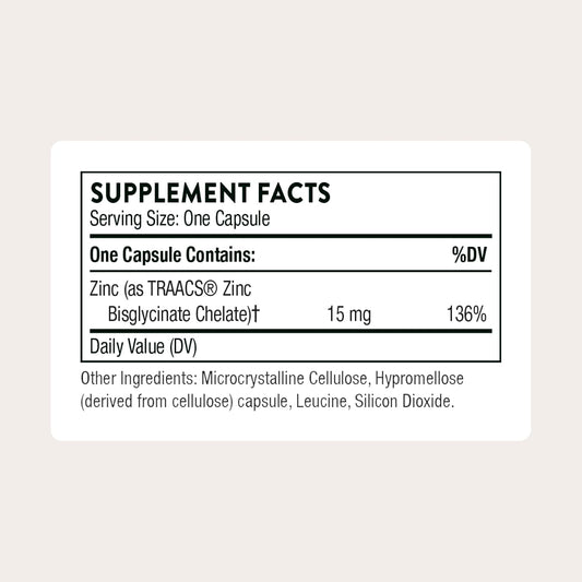 THORNE - Zinc Bisglycinate 15 mg - Highly Absorbable Zinc Supplement - Supports Immune System, Eye, Skin & Reproductive Health* - Third-Party Certified - Gluten, Dairy & Soy-Free - 60 Capsules