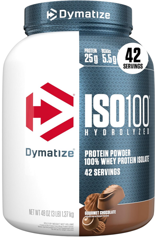 Dymatize ISO100 Whey Protein Powder Isolate, Gourmet Chocolate, 25g of Protein, 20 Servings, 5.5g BCAAs, Less Than 120 Cal., Gluten Free, 1g Fat, 1g Sugar, 2g Carb