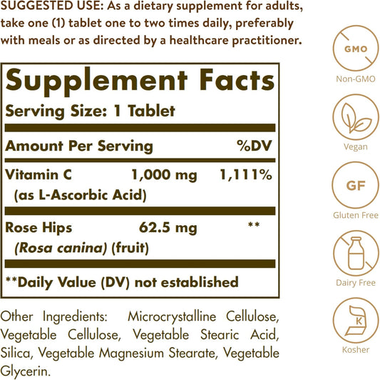 Solgar Vitamin C 1000 mg with Rose Hips, 250 Tablets - Antioxidant & Immune Support - Overall Health - Supports Healthy Skin & Joints - Non-GMO, Vegan and Kosher - 250 Servings