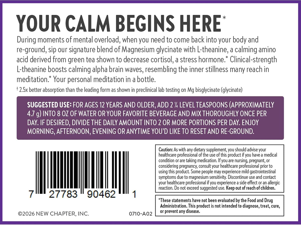 New Chapter Magnesium Glycinate + L-Theanine Supplement Powder, with 325 mg Magnesium & L-Theanine 200 mg for Calm, Focus, Mental Clarity, Muscle Relaxation & Cortisol Balance*, 30 Servings