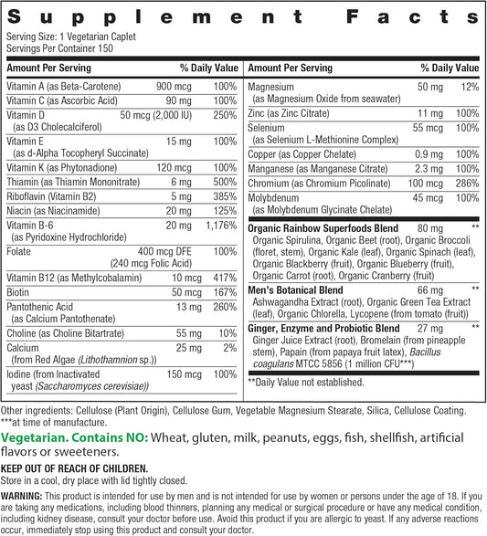 Rainbow Light Mens Multivitamin One + | 30/60/120 Caplets | Supports Energy & Antioxidant Health | with Real Food Nutrients, Digestive Enzymes & Probiotics