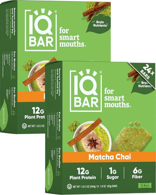 IQBAR Clean Plant Protein Bars - Matcha Chai - 12/24/36 Count - Keto, Vegan, High Fiber, Gluten and Dairy Free, Low Sugar Snack - Brain and Body Nutrients for Focus, Energy, Meal Replacement
