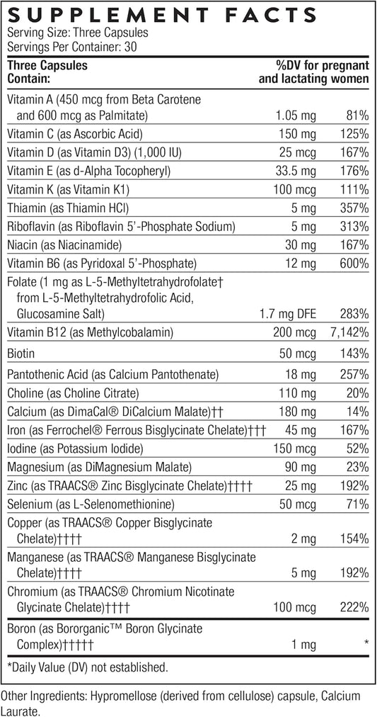 THORNE - Basic Prenatal - Well-Researched Folate Multi for Pregnant & Nursing Women - Includes 18 Vitamins & Minerals, Plus Choline - Third-Party Certified - Gluten, Dairy & Soy-Free - 30 Servings