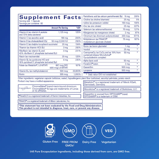 Pure Encapsulations O.N.E. Multivitamin - Once Daily Multivitamin with Antioxidant Complex Metafolin, CoQ10, and Lutein to Support Vision, Cognitive Function, and Cellular Health* - 30/60/120 Capsules