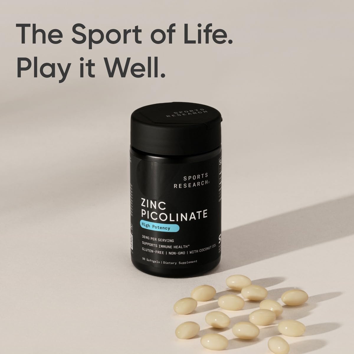 Sports Research® Zinc Picolinate 50mg w/Organic Coconut Oil, 60 Softgels | High Potency Zinc Supplement for Healthy Immune & Enzyme Function - Non-GMO Tested & Gluten-Free, 60 Servings