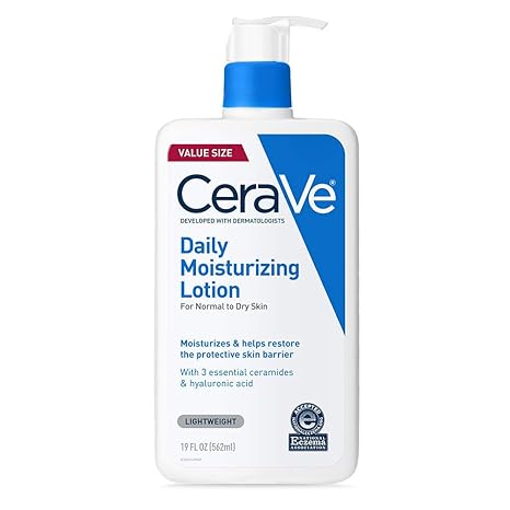 CeraVe Daily Moisturizing Lotion for Dry Skin, Body Lotion & Face Moisturizer with Hyaluronic Acid and Ceramides, Daily Moisturizer, Fragrance Free, Oil-Free, 12/19 Ounce