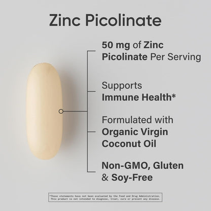 Sports Research® Zinc Picolinate 50mg w/Organic Coconut Oil, 60 Softgels | High Potency Zinc Supplement for Healthy Immune & Enzyme Function - Non-GMO Tested & Gluten-Free, 60 Servings