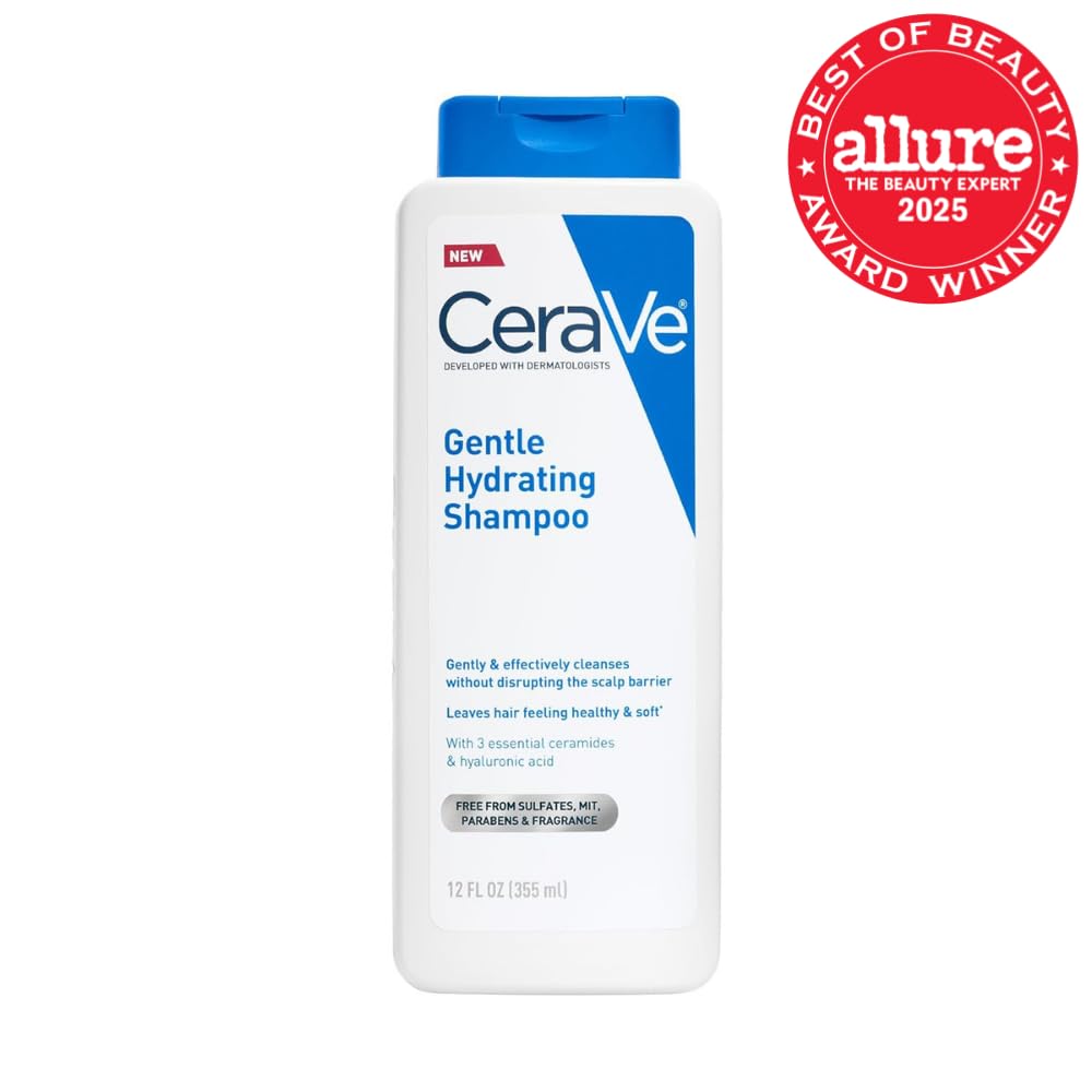 CeraVe Gentle Hydrating Shampoo, With Ceramides, Niacinamide & Hyaluronic Acid For Soft, Healthy Looking Hair & Scalp, Sulfate Free & Color Safe Shampoo, For All Hair Types, 12/19 Oz