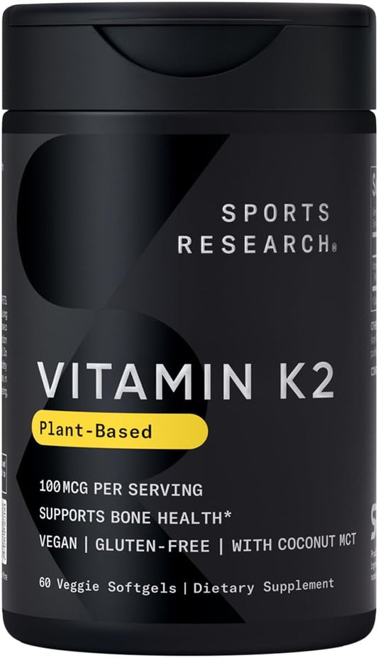 Sports Research® Vitamin K2 as MK-7 100mcg, 60 Count Plantgels™ | Supports Bone & Heart Health w/Highly Bioavailable MK-7 & Coconut MCT oil for Better Absorption · Plant-Based, Soy-Free