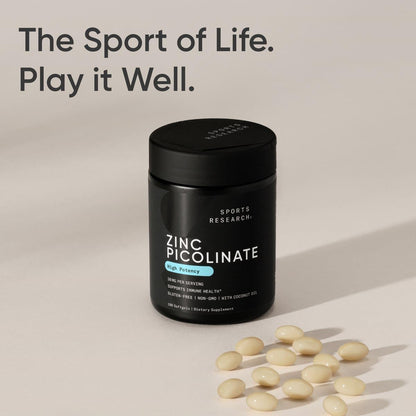 Sports Research® Zinc Picolinate 50mg w/Organic Coconut Oil, 60 Softgels | High Potency Zinc Supplement for Healthy Immune & Enzyme Function - Non-GMO Tested & Gluten-Free, 60 Servings