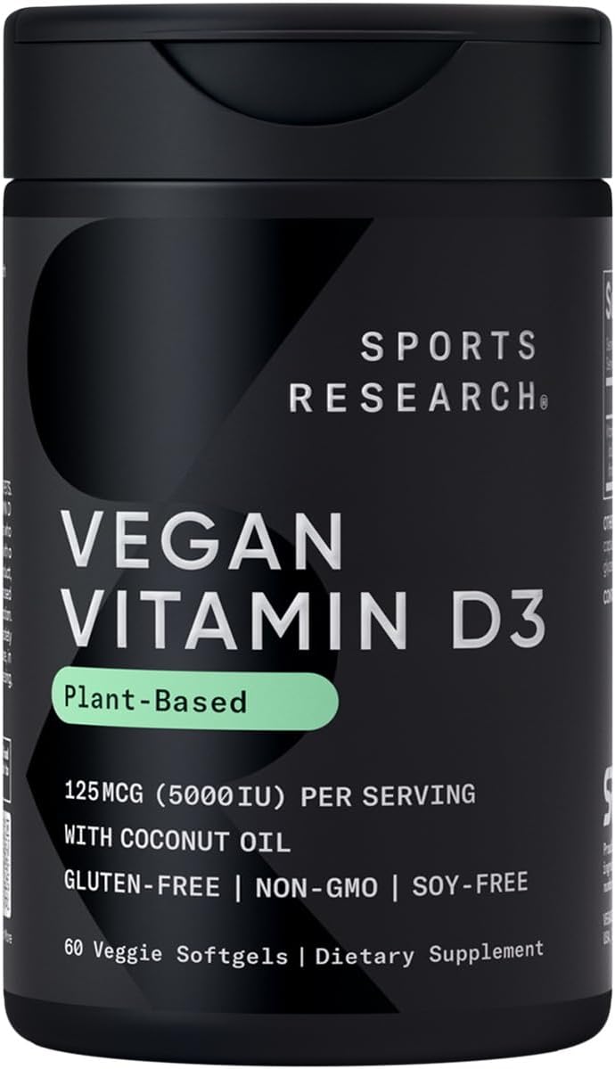 Sports Research® Vegan D3 5000iu/125mcg with Coconut Oil - 60 Plantgels™ | Plant-Based Vitamin D3 | Bone, Joint & Immune Support | Carrageenan Free, Vegan, Non-GMO - 60 Servings