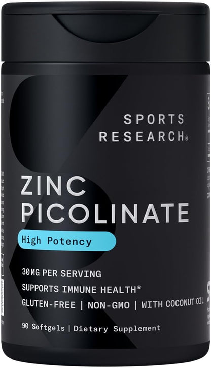 Sports Research® Zinc Picolinate 50mg w/Organic Coconut Oil, 60 Softgels | High Potency Zinc Supplement for Healthy Immune & Enzyme Function - Non-GMO Tested & Gluten-Free, 60 Servings