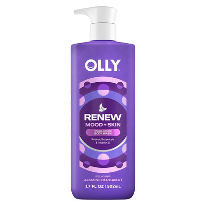 OLLY Renew Body Wash with Vitamin D, Retinol & Botanicals – Nourishing Cleanser for Skin Barrier Repair, Deep Hydration, Jasmine Bergamot Scent, 17oz