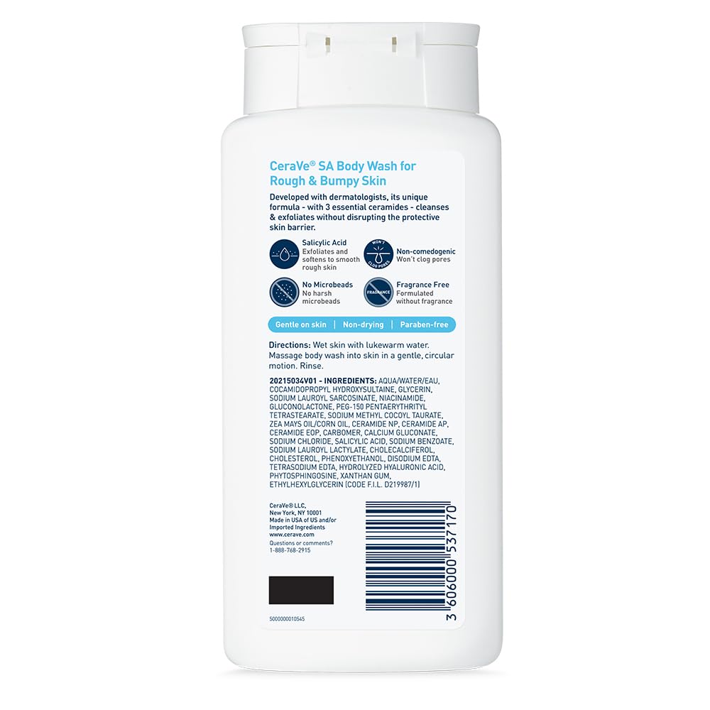 CeraVe Body Wash with Salicylic Acid, Fragrance Free Body Wash to Exfoliate Rough and Bumpy Skin, Allergy Tested, 10 Oz