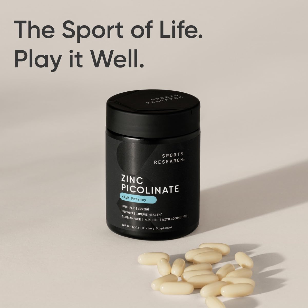Sports Research® Zinc Picolinate 50mg w/Organic Coconut Oil, 60 Softgels | High Potency Zinc Supplement for Healthy Immune & Enzyme Function - Non-GMO Tested & Gluten-Free, 60 Servings