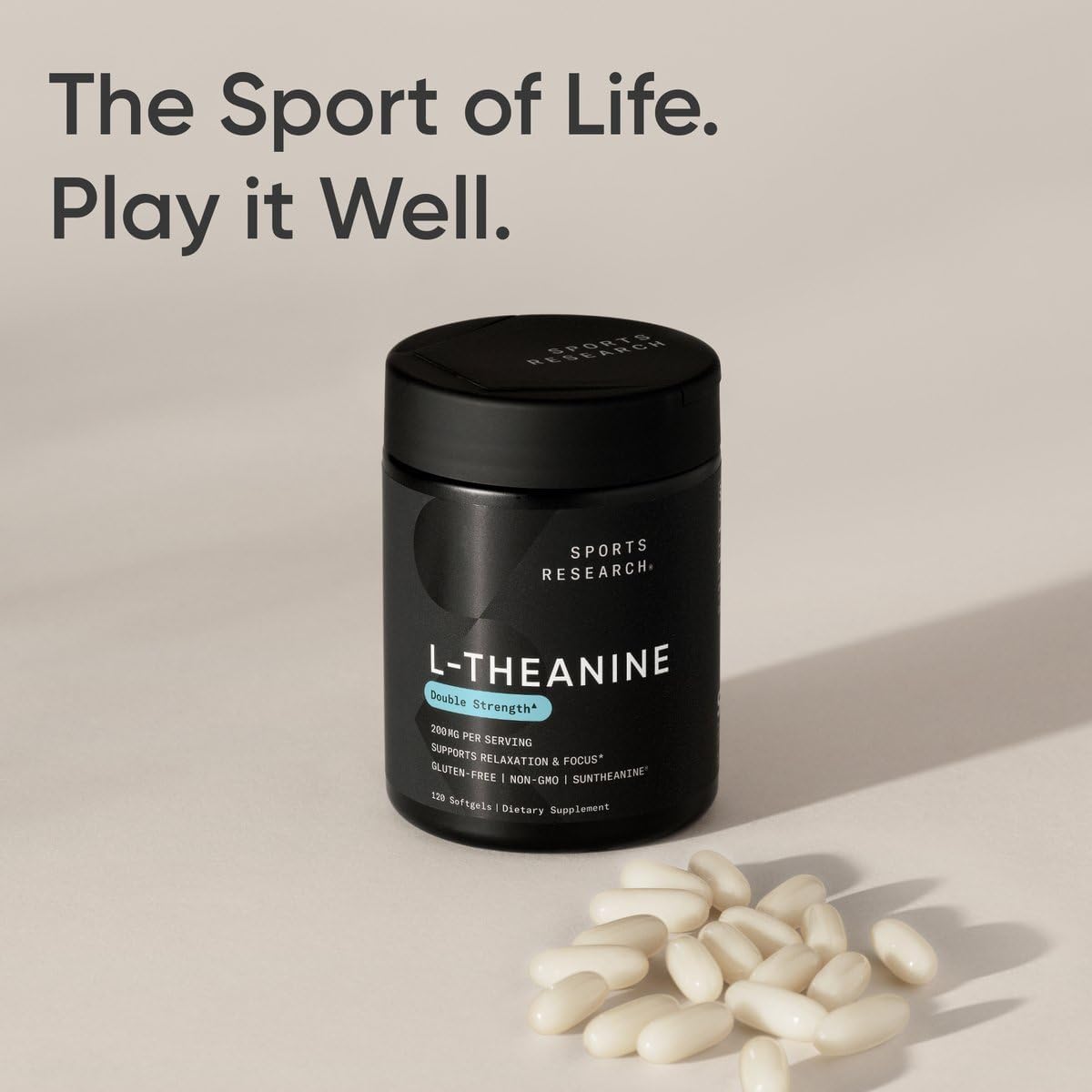 Sports Research® L-Theanine 200mg with Suntheanine®, 60 Softgels | Double Strength Relaxation, Focus & Mood Support - Made w/ Organic Coconut Oil | Non-GMO, Gluten-Free, 60 Servings
