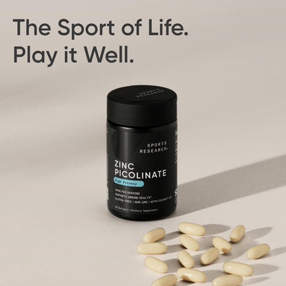 Sports Research® Zinc Picolinate 50mg w/Organic Coconut Oil, 60 Softgels | High Potency Zinc Supplement for Healthy Immune & Enzyme Function - Non-GMO Tested & Gluten-Free, 60 Servings