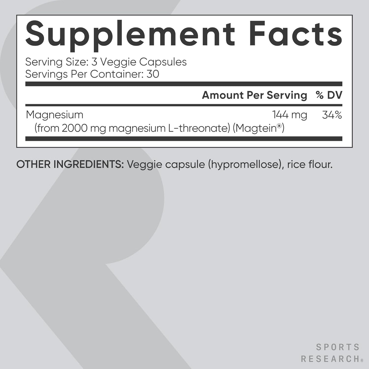 Sports Research® Magnesium L-Threonate 2000mg w/Magtein®, 90 Count | 2000mg/144mg Elemental Mag per Serving - Brain & Sleep Support - Vegan, Non-GMO, Gluten-Free