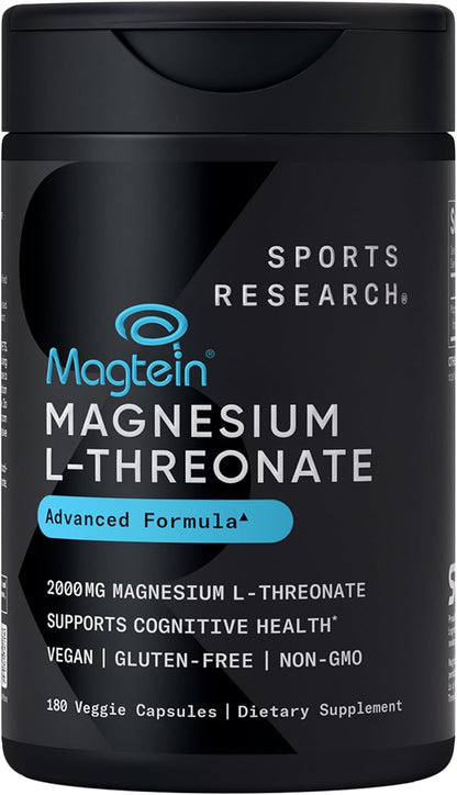 Sports Research® Magnesium L-Threonate 2000mg w/Magtein®, 90 Count | 2000mg/144mg Elemental Mag per Serving - Brain & Sleep Support - Vegan, Non-GMO, Gluten-Free
