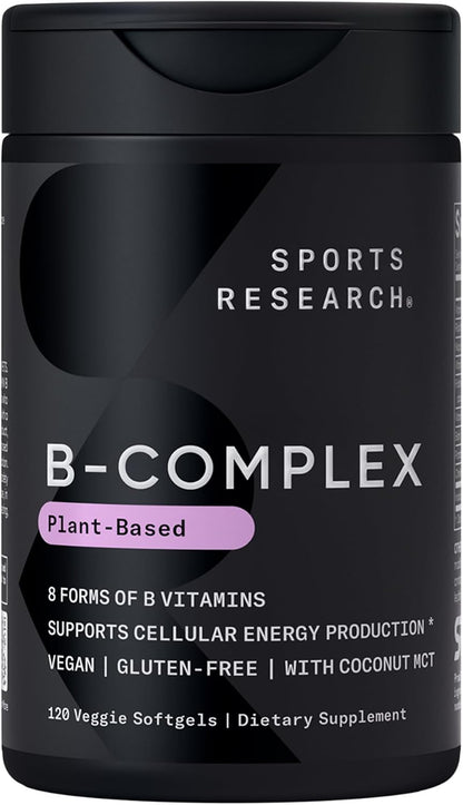 Sports Research® Vitamin B-Complex, 60 Count Plantgels™ | Full Spectrum of B Vitamins with Methylated B12 & Folate - Gluten Free · Plant-Based · Non-GMO · Vegan-Friendly Formula