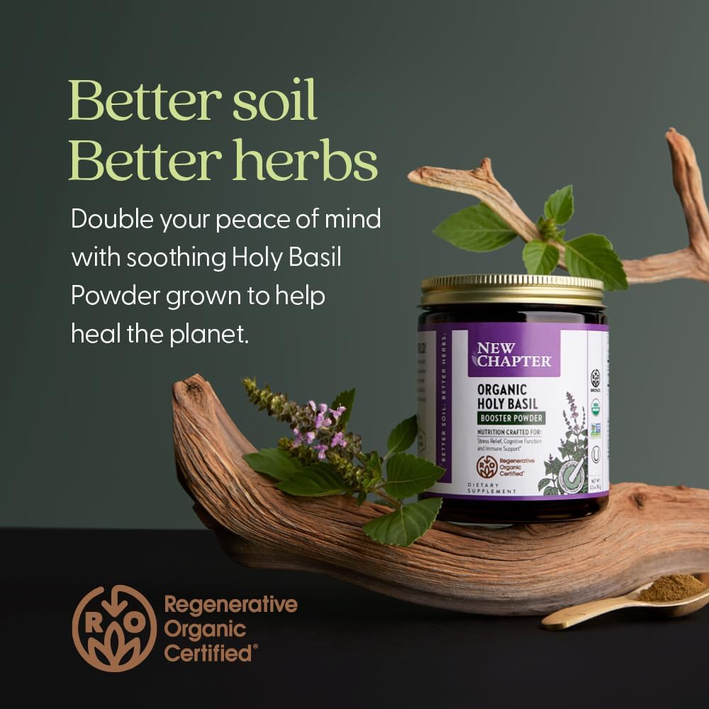 New Chapter Organic Holy Basil Booster Powder - Stress Relief, Cognitive Function, Memory, Immune Support Supplement - Regenerative Organic Certified Tulsi, 75 Servings