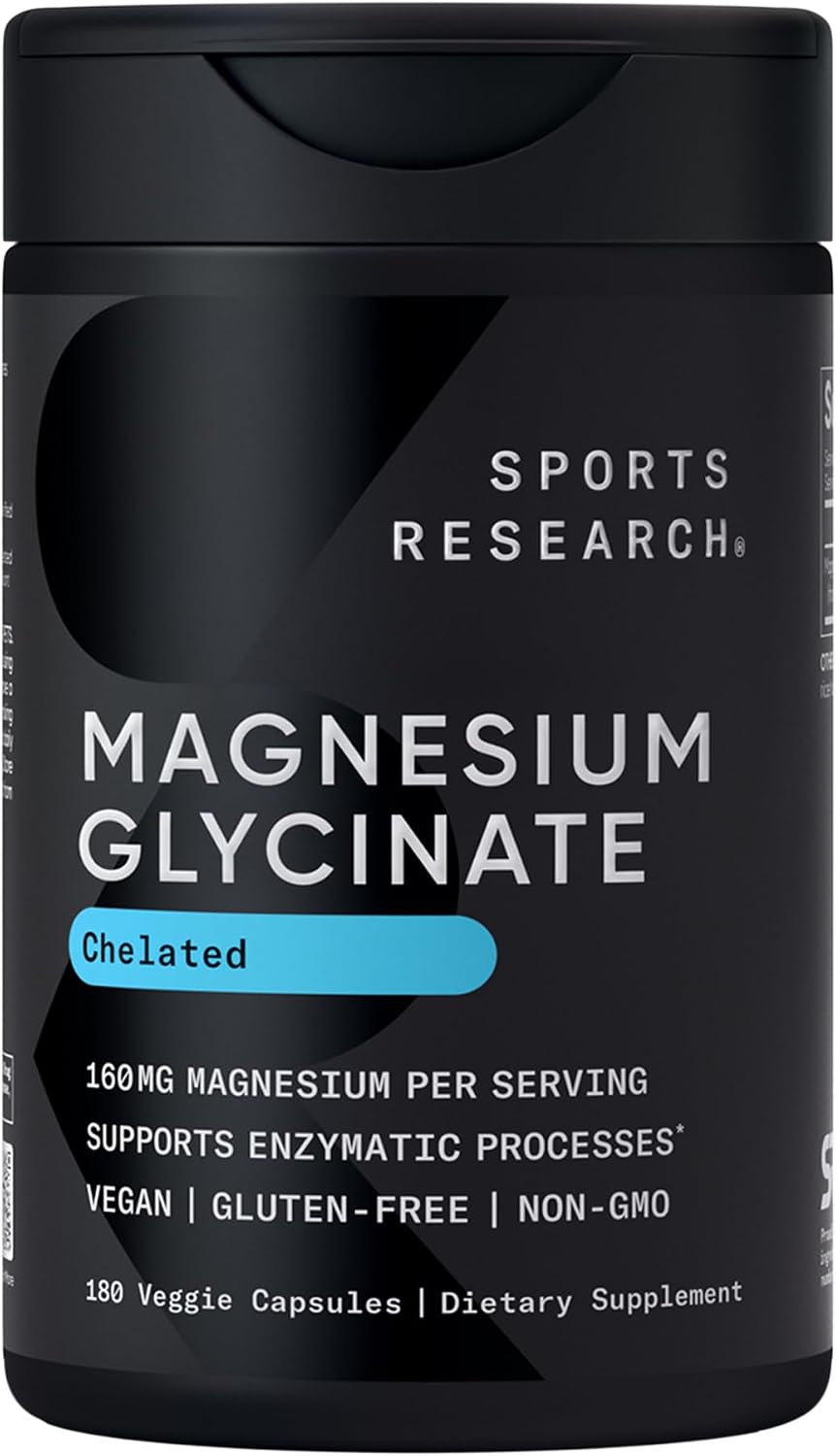 Sports Research® Magnesium Glycinate 160mg, 90 Veggie Capules | 1441mg Cheletated Magnesium per Serving | Gentle on the Stomach | Non-GMO, Soy Free, Essential Mineral