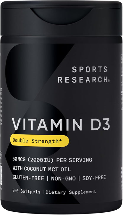 Sports Research® Vitamin D3 2000iu/50mcg with Coconut Oil, 360 Softgels | Double Strength Vitamin D Supplement | Immune, Bone, Mood Support | Non-GMO, Soy Free - 360 Servings