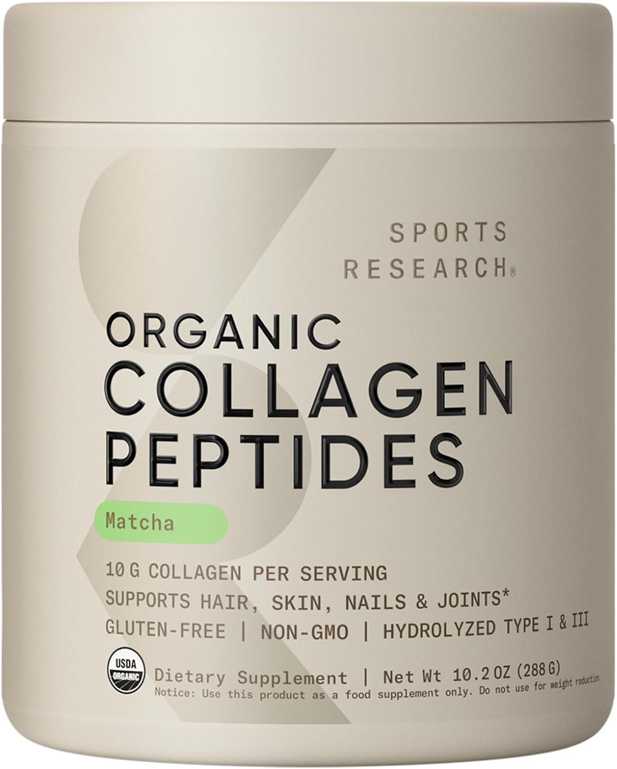 Sports Research® Organic Collagen Peptides w/Matcha Green Tea - 10.2oz | 10g Grass-Fed Collagen & 2g of Ceremonial-grade Japanese Matcha | Hair, Skin & Joint Support | Sugar-Free, Easy to Mix