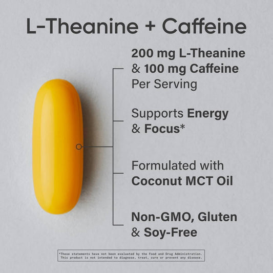 Sports Research® L-Theanine + Caffeine Nootropic Supplement - 60 Softgels | Double Strength L-Theanine 200mg & Organic Caffeine 100mg w/Coconut MCT Oil for Focused Energy - 60 Servings