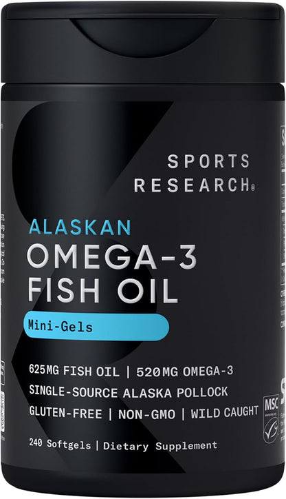 Sports Research® Omega-3 Fish Oil 1250mg from Wild Alaska Pollock, 30 Count | Always Fresh Never Fishy | 690mg EPA 260mg DHA per Softgel · Heart & Brain Health* · MSC Certified Sustainable - 30 Servings