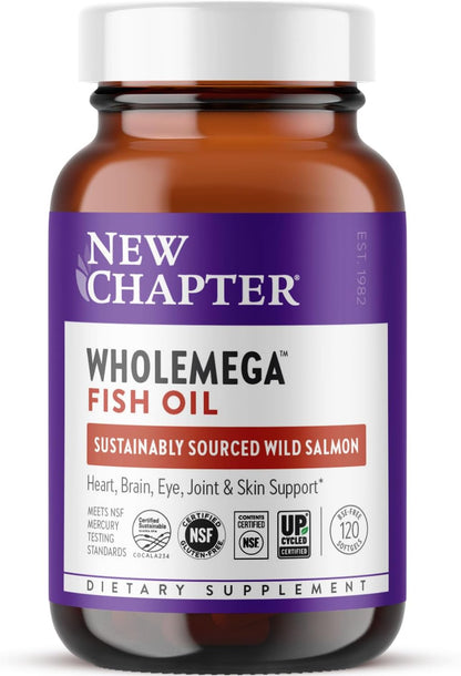 New Chapter Wholemega Fish Oil Supplement - 2000mg per Serving, Clinically Proven Wild Alaskan Salmon Oil with Omega-3 + Vitamin D3 + Astaxanthin, 60 Softgels
