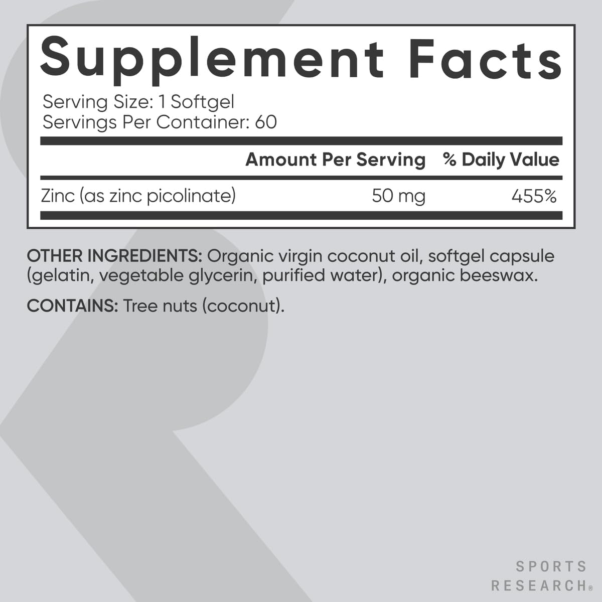 Sports Research® Zinc Picolinate 50mg w/Organic Coconut Oil, 60 Softgels | High Potency Zinc Supplement for Healthy Immune & Enzyme Function - Non-GMO Tested & Gluten-Free, 60 Servings