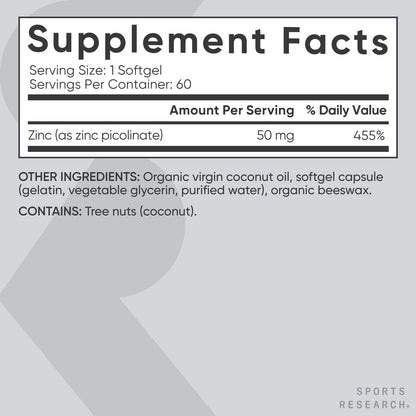 Sports Research® Zinc Picolinate 50mg w/Organic Coconut Oil, 60 Softgels | High Potency Zinc Supplement for Healthy Immune & Enzyme Function - Non-GMO Tested & Gluten-Free, 60 Servings