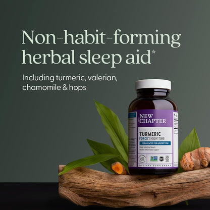 New Chapter Turmeric Supplement + Sleep Aid - Turmeric Force Nighttime for Sleep Support with Valerian Root + Ginger + NO Black Pepper Needed + Non-GMO Ingredients - 60 Vegetarian Capsule