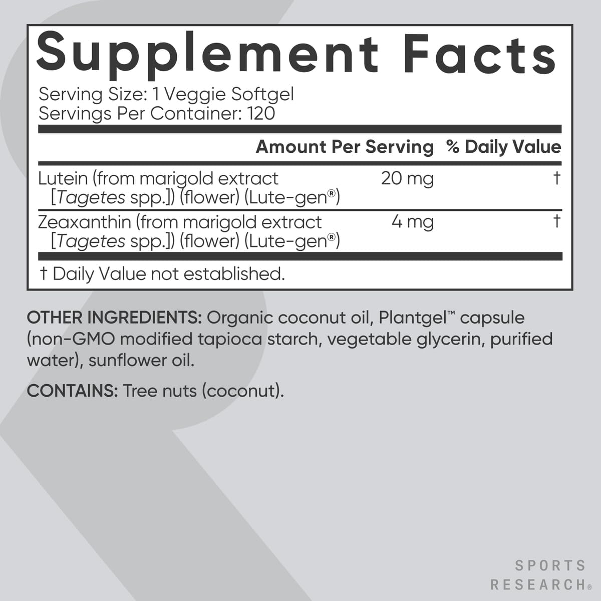 Sports Research® Lutein + Zeaxanthin w/Organic Coconut Oil, 120 Plantgels™ | Vegan Lutein w/ Lute-Gen® Eye Health Supplement | Plant-Based, Vegan Certified, Non-GMO Verified - 120 Servings