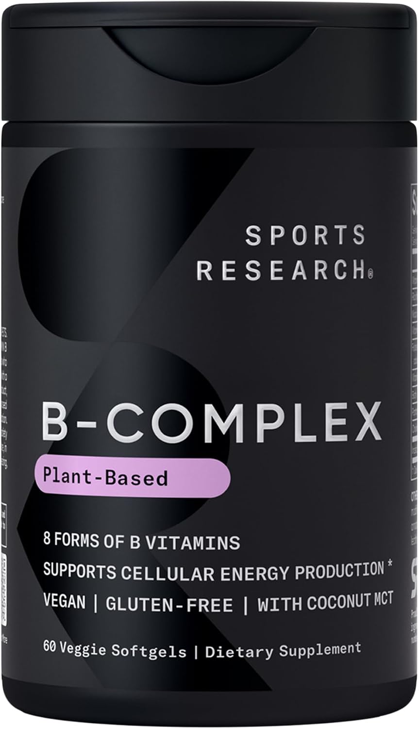 Sports Research® Vitamin B-Complex, 60 Count Plantgels™ | Full Spectrum of B Vitamins with Methylated B12 & Folate - Gluten Free · Plant-Based · Non-GMO · Vegan-Friendly Formula