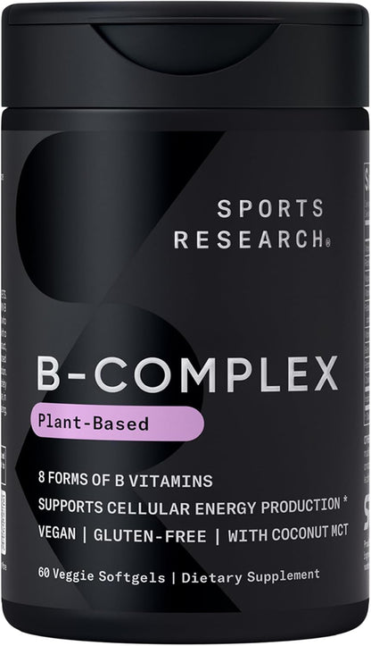 Sports Research® Vitamin B-Complex, 60 Count Plantgels™ | Full Spectrum of B Vitamins with Methylated B12 & Folate - Gluten Free · Plant-Based · Non-GMO · Vegan-Friendly Formula