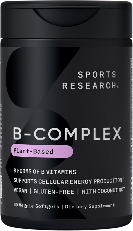 Sports Research® Vitamin B-Complex, 60 Count Plantgels™ | Full Spectrum of B Vitamins with Methylated B12 & Folate - Gluten Free · Plant-Based · Non-GMO · Vegan-Friendly Formula