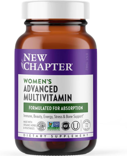 New Chapter Women's Multivitamin Advanced Formula for Stress, Bone, Immune, Beauty & Energy Support, Higher Levels of Whole-Food Fermented Essential Nutrients for Women + Iron + Vitamin D3, 72 Count