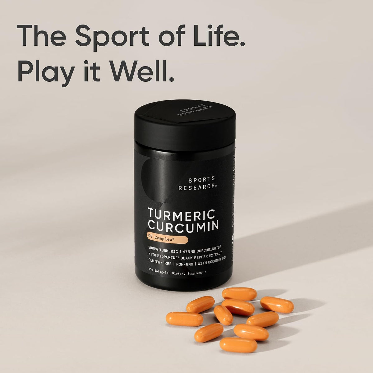 Sports Research® Turmeric Curcumin w/Coconut Oil & BioPerine® - 60 Count | Made with Curcumin C3 Complex® 500mg | Standardized to 95% Active Curcuminoids | Non-GMO, Gluten-Free - 60 Softgels