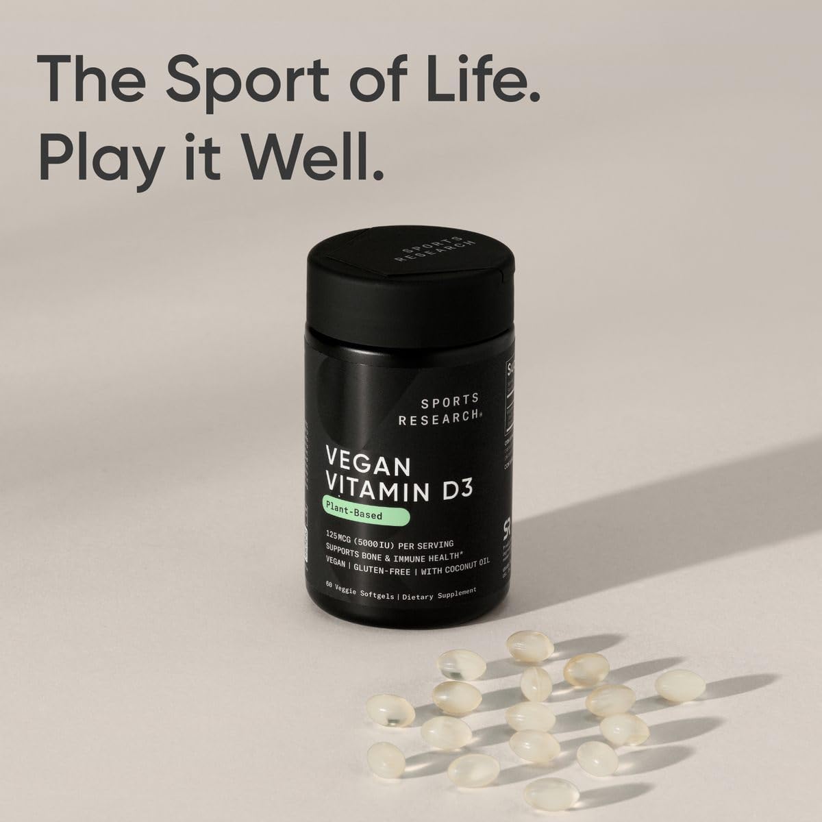 Sports Research® Vegan D3 5000iu/125mcg with Coconut Oil - 60 Plantgels™ | Plant-Based Vitamin D3 | Bone, Joint & Immune Support | Carrageenan Free, Vegan, Non-GMO - 60 Servings