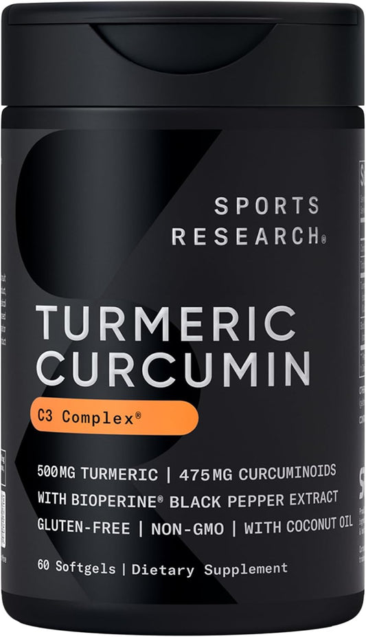 Sports Research® Turmeric Curcumin w/Coconut Oil & BioPerine® - 60 Count | Made with Curcumin C3 Complex® 500mg | Standardized to 95% Active Curcuminoids | Non-GMO, Gluten-Free - 60 Softgels