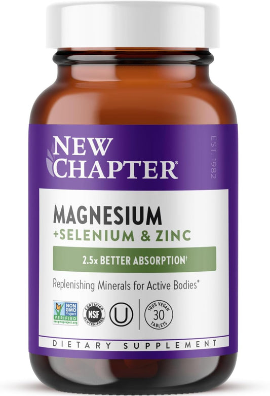 New Chapter Magnesium + Selenium & Zinc Tablets - Bone Health & Muscle Support Supplement* - Supports Electrolyte Balance* - Vegan, Gluten Free, Non-GMO & Kosher - 30 Tablets