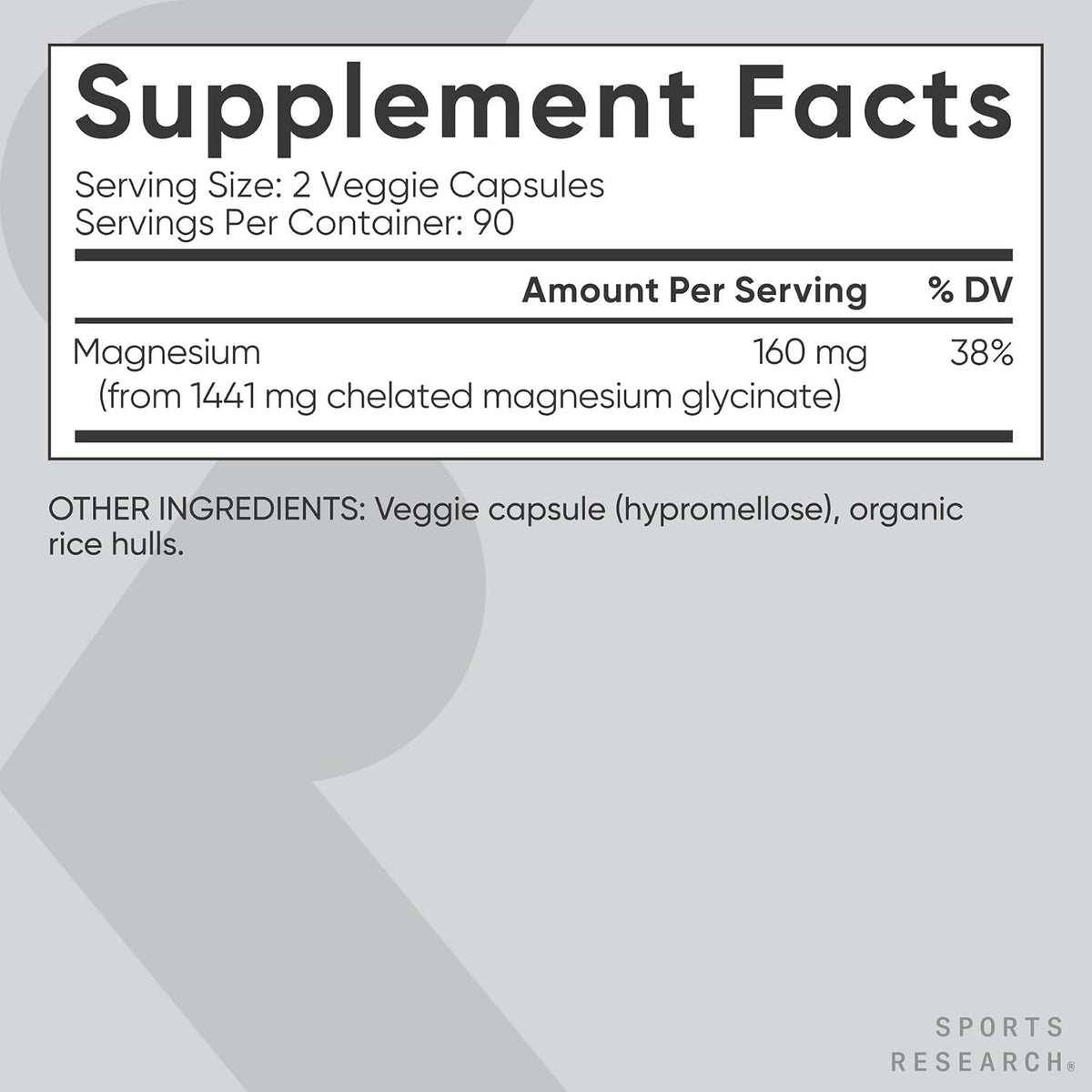 Sports Research® Magnesium Glycinate 160mg, 90 Veggie Capules | 1441mg Cheletated Magnesium per Serving | Gentle on the Stomach | Non-GMO, Soy Free, Essential Mineral