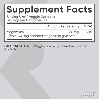 Sports Research® Magnesium Glycinate 160mg, 90 Veggie Capules | 1441mg Cheletated Magnesium per Serving | Gentle on the Stomach | Non-GMO, Soy Free, Essential Mineral